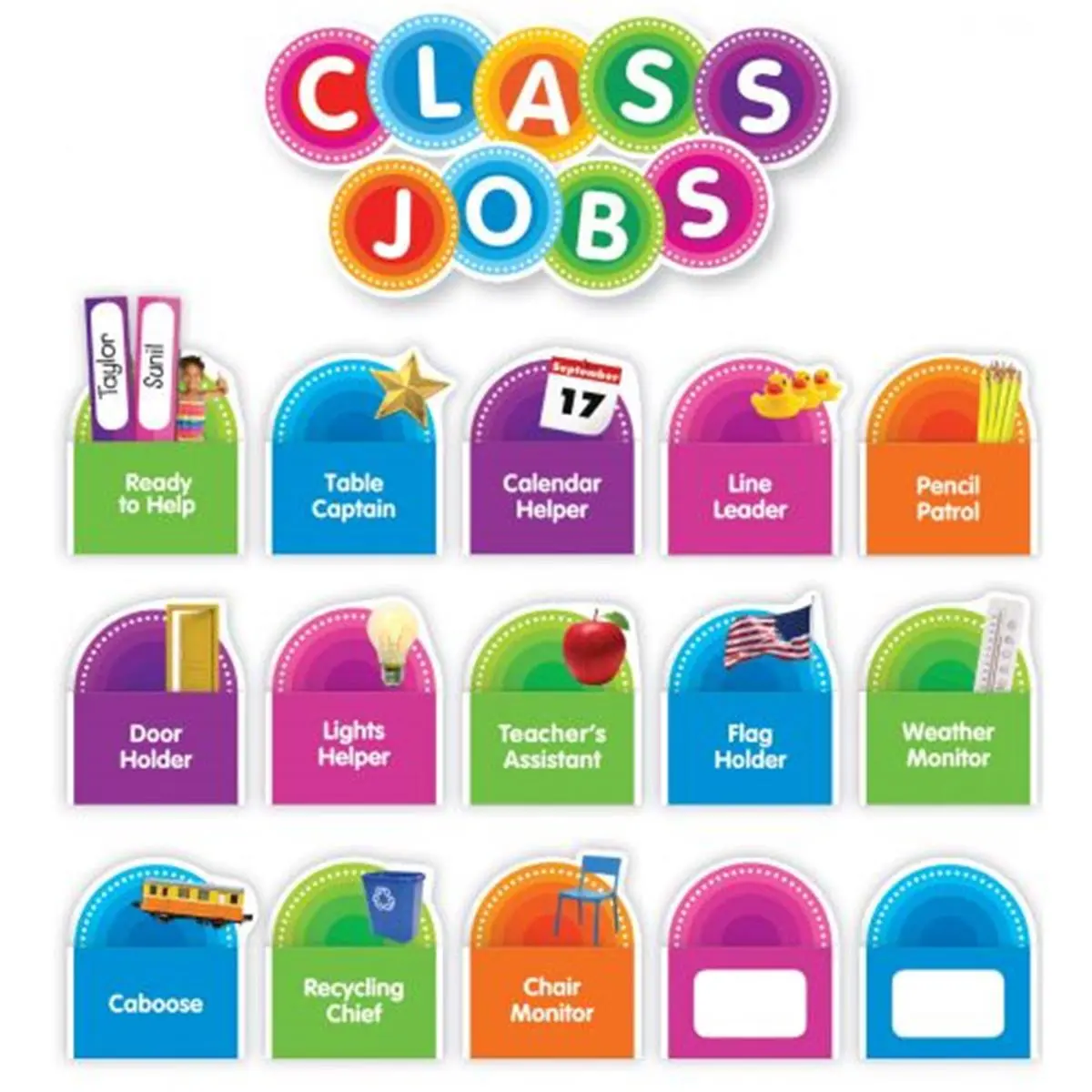Scholastic Tape It Up Class Jobs Bulletin Board Set - 88-Piece School & Educational Office Stationery, 13 Role Pockets, 65 Name Labels, 9 Customizable Pockets, Job Titles, Teacher's Assistant, Teaching Guide, Brings People Together to Learn