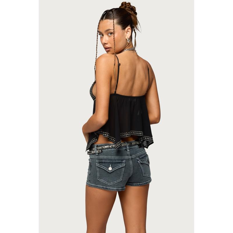 Studded Asymmetric Sheer Babydoll Top