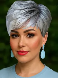 Gray Color Pixie Cut Straight Human Hair Wig for Women Full Machine Made Wig 150% Density 6 Inch Pixie Wigs