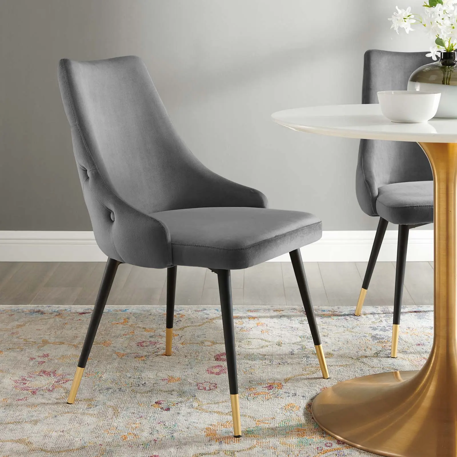 Modway Adorn Vintage Modern Button Tufted Stain-Resistant Performance Velvet Single-Seat Dining Side Chair, Indoor Furniture Dining Chairs (Gray)