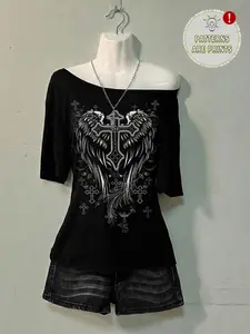 Vintage Street Style Cross Wings Print Loose Fit T-Shirt for Women, Sexy Shoulderless Top, Casual Short Sleeve Tee