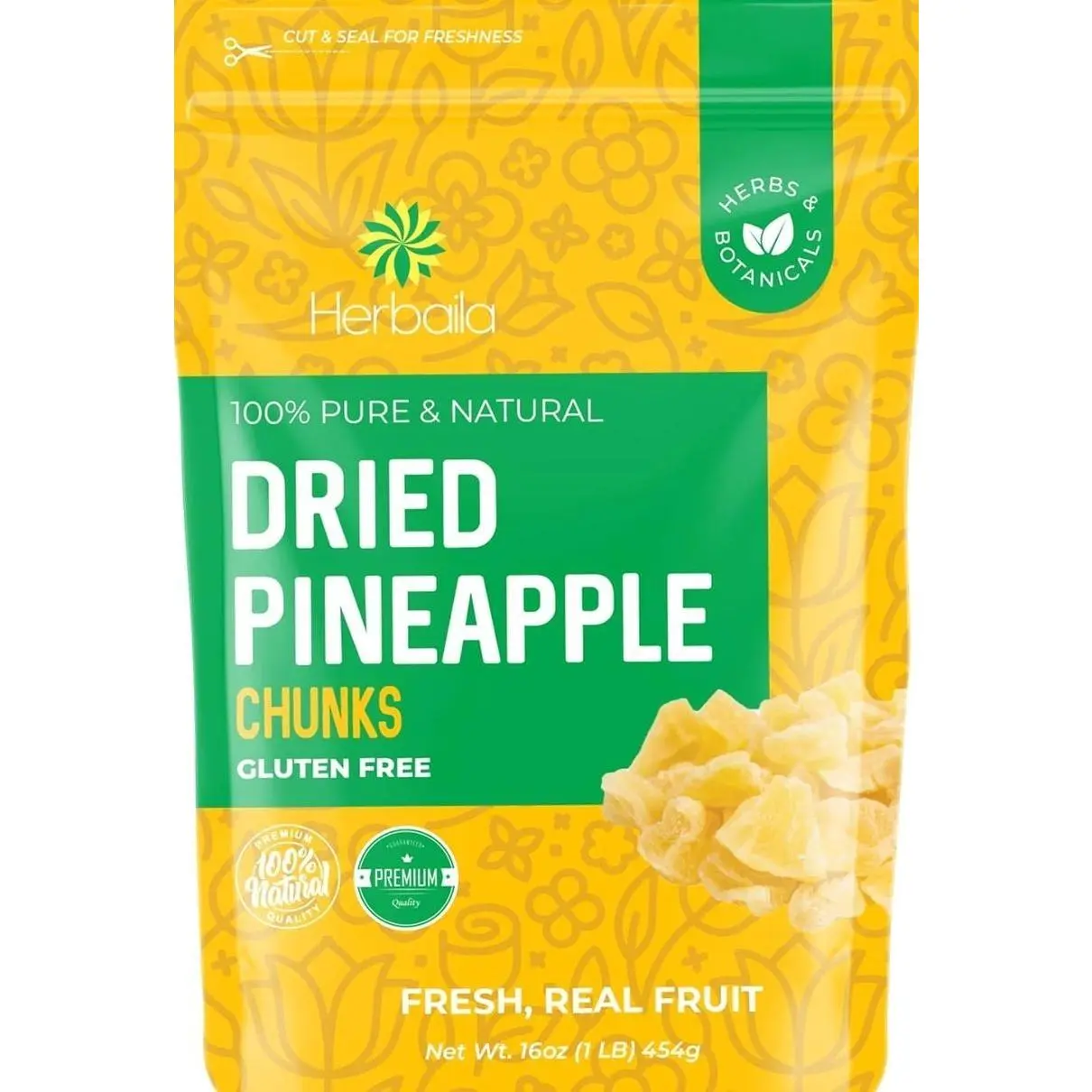 Herbaila Dried Pineapple Chunks, 1 Pound. Dehydrated Pineapple Chunk, Dehydrated Pineapple Bulk, Dried Pineapple Bits. All Natural, Non-GMO, Lightly Sweetened Dried Pineapples, 16 oz.
