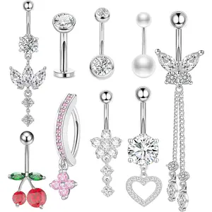 Belly Button Ring Dangle Surgical Stainless Steel Clicker Belly Rings 14G Floating Belly Piercing Cute Cherry Butterfly Heart Navel Ring Belly Button Piercing Jewelry Barbell for Women