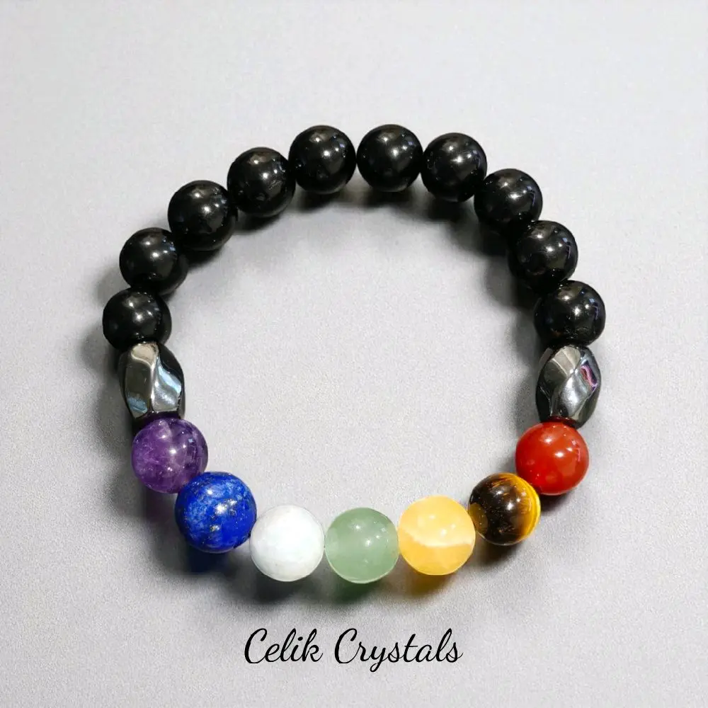 10mm 7 Chakra Bracelet With Black Tourmaline & Hematite Unisex Design Natural Stones Protection Bracelet