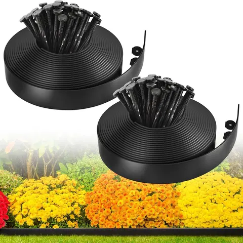 2 Inch Tall No-Dig Landscape Edging Border Kit (40FT / 100FT) | Flexible Plastic Garden Lawn Edging with Heavy-Duty Anchoring Stakes for Flower Beds, Pathways & Yard Landscaping