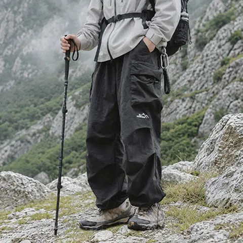 Unisex loose cargo parachute pants—lightweight, waterproof outdoor hiking long pants with a relaxed street-style fit, suitable for both men and women.