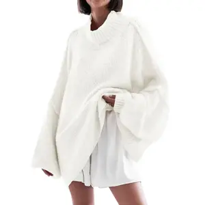 Women’s Oversized Mock Neck Batwing Long Sleeve Ribbed Knit Casual Tunic Sweater – 2025 Fall Trend