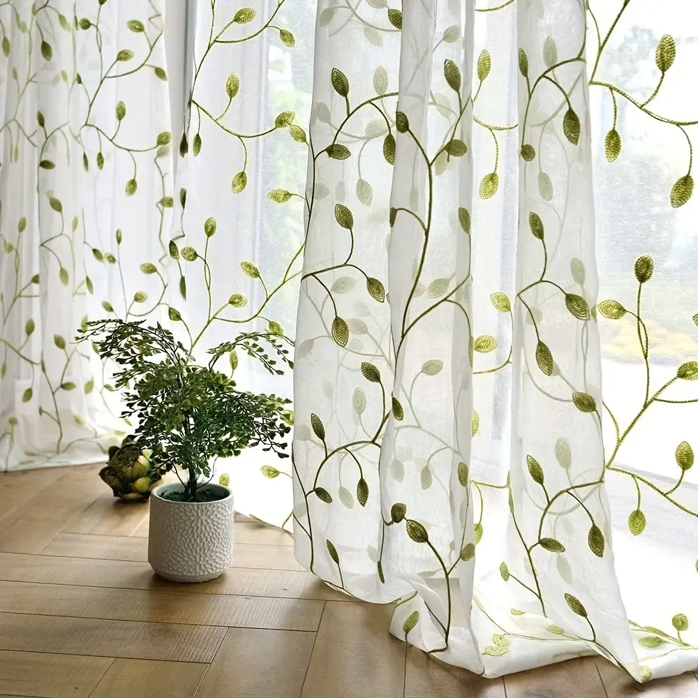 2 Panels Ivy Leaf Embroidered Transparent Curtains, Light Leaves Sheer Fabric Room Darkening Window Drapes for Home Decor, Home Decorative Curtain