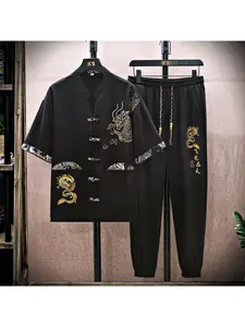 1 set of men's casual summer Chinese-style sportswear set, featuring fashionable Chinese flying dragon pattern printed silk short-sleeved T-shirt and comfortable breathable cuffed trousers set, with stylish drawstrings and pockets