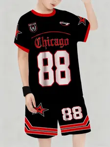 Teen Fashion Casual Chicago 88 Pattern Round Neck T-Shirt and Shorts Set, Comfortable Design for Daily Wear, Spring & Fall Style