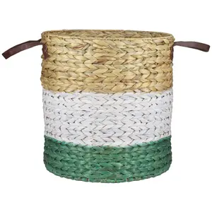 Northlight 16" Beige White & Teal Braided Baske t w/ Handles