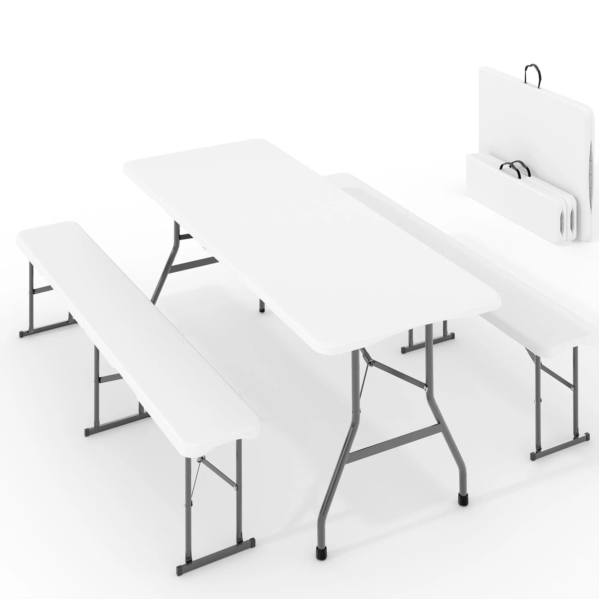 6FT Portable Folding Table Set with 2 Benches with Carry Handle | All Weather for Camping, Parties, Picnic & Events Indoor Outdoor - White