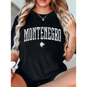Women's Vintage Montenegro Map & Text Print T-Shirt, Casual Daily Travel Souvenir Tee 100% Cotton T-shirt