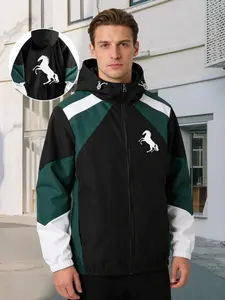 Men's Horse Print Patchwork Hooded Jacket, Drawstring Hood + Zipper Closure, Ideal for Daily Outing and Light Hiking