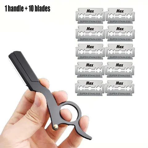 Men's Straight Razor Set, Shaving Tool, 11pcs/set Including 1pc Shaver Handle & 10pcs Stainless Blades for Beard Styling, Straight Edge Manual Razor for Men
