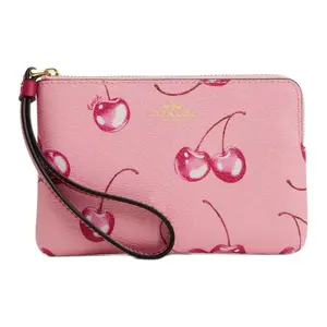 COACH Corner Zip 15 Wristlet Clutch Bag for Women – Cherry Print Coated Canvas and Recycled Leather in Blush Pink and Bright Purple