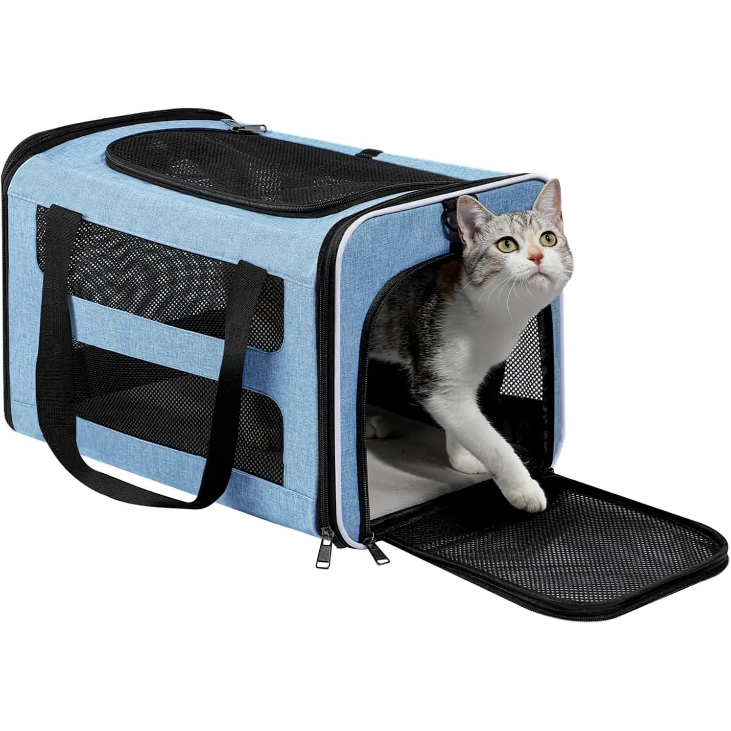 Soft travel carrier for cats, suitable for medium to large cats weighing over 15 pounds, small dog transport crate, top entry, breathable mesh, suitable for puppies under 12 pounds, pet rabbit carrying cage, foldable, blue