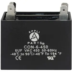 Appli Parts Fan Capacitor 6 mfd (microfarads) uf 450 VAC 4 Terminal Connections compatible with any brand within the same range of capacitance 1-7/8in Width 7/8in Depth 1-3/4in Height CAP-6-450