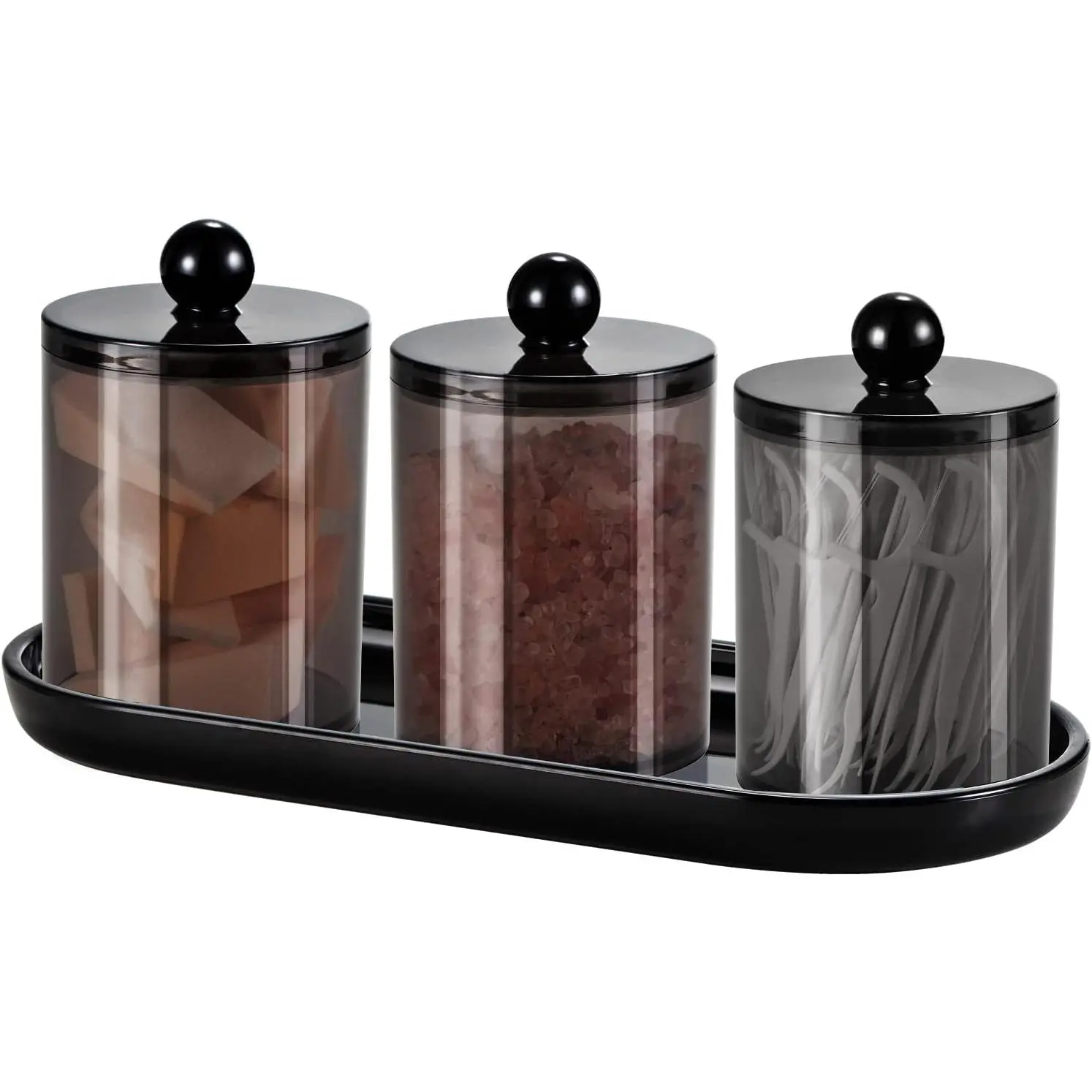 Black Modern Acrylic Bathroom Decor Set (4PCS) - 3 Plastic Acrylic Apothecary Jars with Lids & Labels, 1 Vanity Tray, Qtip Dispenser for Cotton Balls & Swabs, Ideal for Beauty Supplies & Makeup Table Stylish Organized Presentation, Stylish And Organized P
