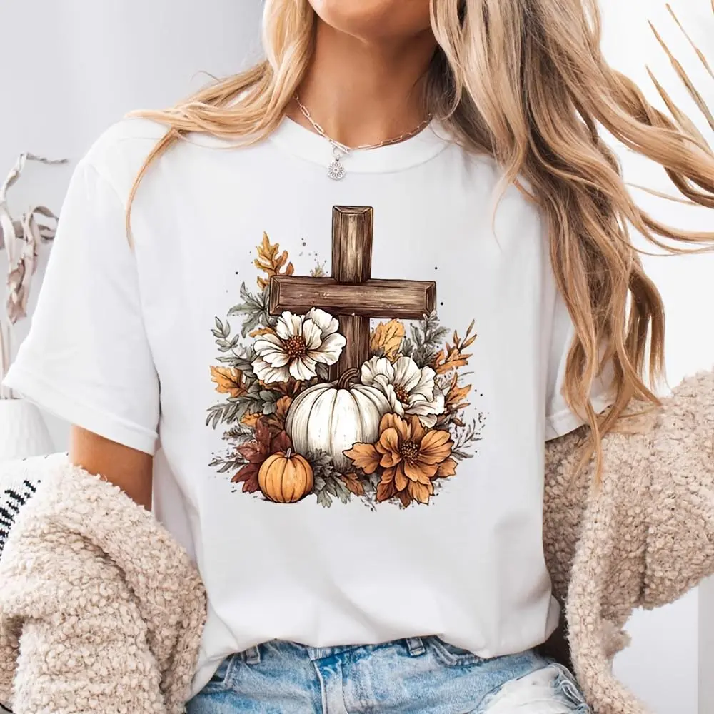 Cross Pumpkin Floral Print, Neck Drop Shoulder T-Shirt, Autumn Harvest Thanksgiving Faith Design, Casual Daily Wear Fall Season