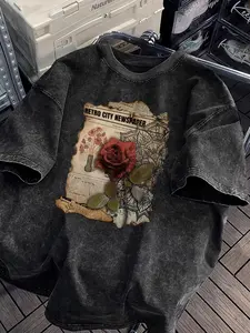 Vintage Acid Wash Retro Newspaper Red Rose Graphic Tee, Oversized Vintage Aesthetic Streetwear T-Shirt, Unisex Casual Retro Top