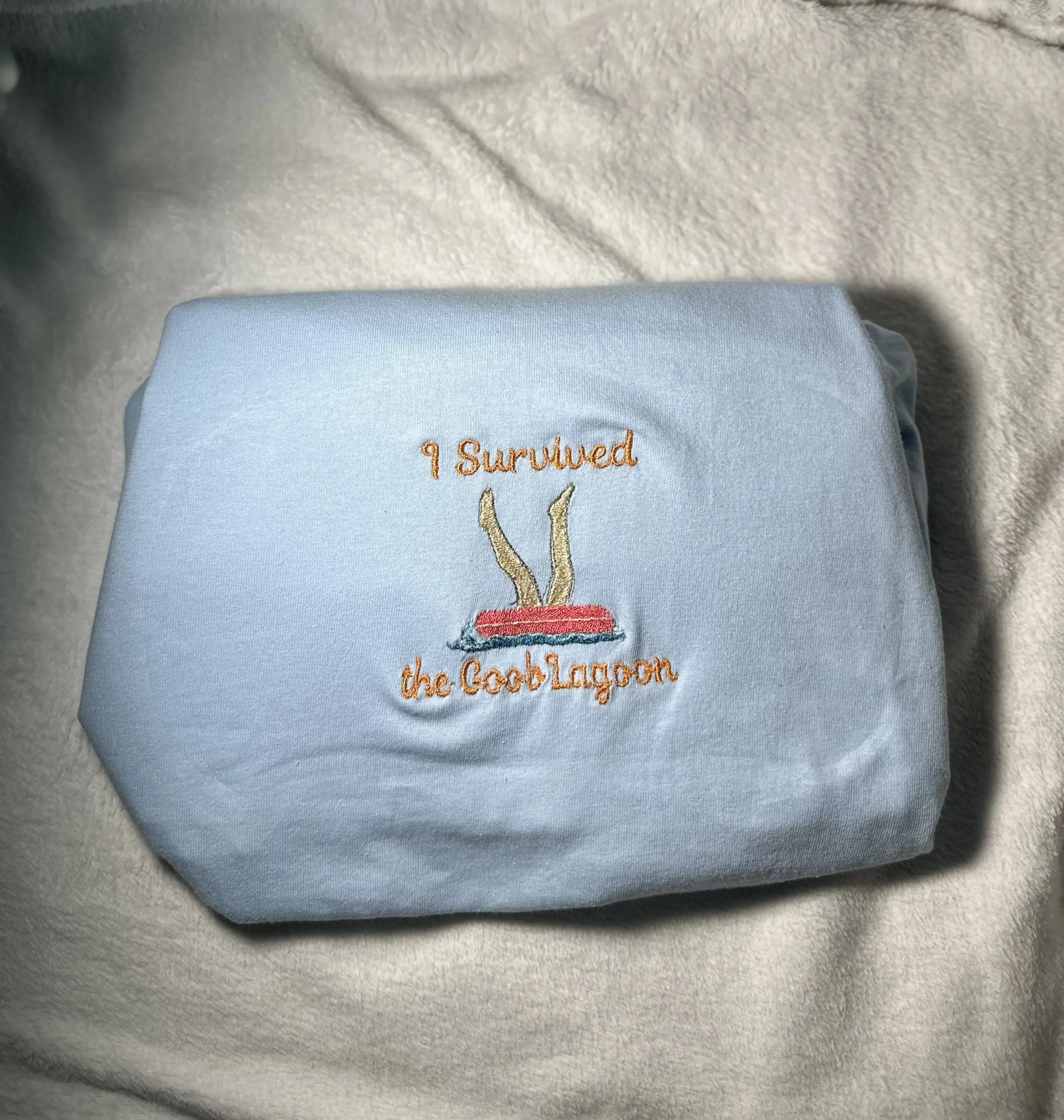 Caseoh GoobLagoon Embroidered Sweatshirt - Unisex Gildan Products Crew Neck Long Sleeve Casual Fit Women's Tops "I Survived the Boot Lagoon" Design