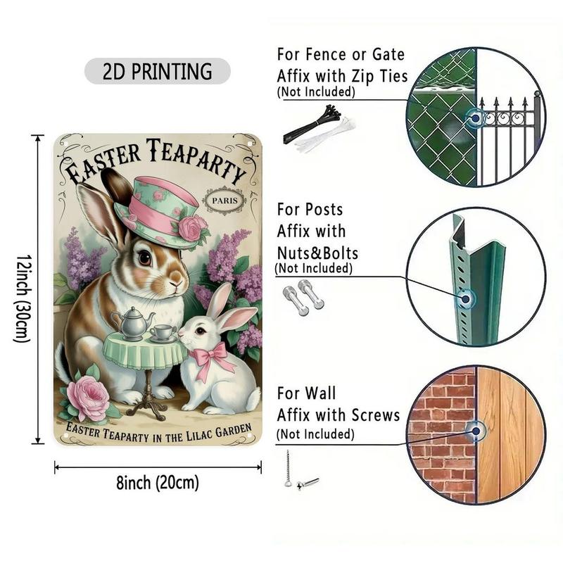 Easter Bunny Tea Party Tin Sign, Vintage Parisian Easter Rabbits Metal Sign Print Aesthetic Room Decoration for Home Bedroom Kitchen Bar Coffee Bathroom Indoor Outdoor Wall Decor, 8 X 12 in