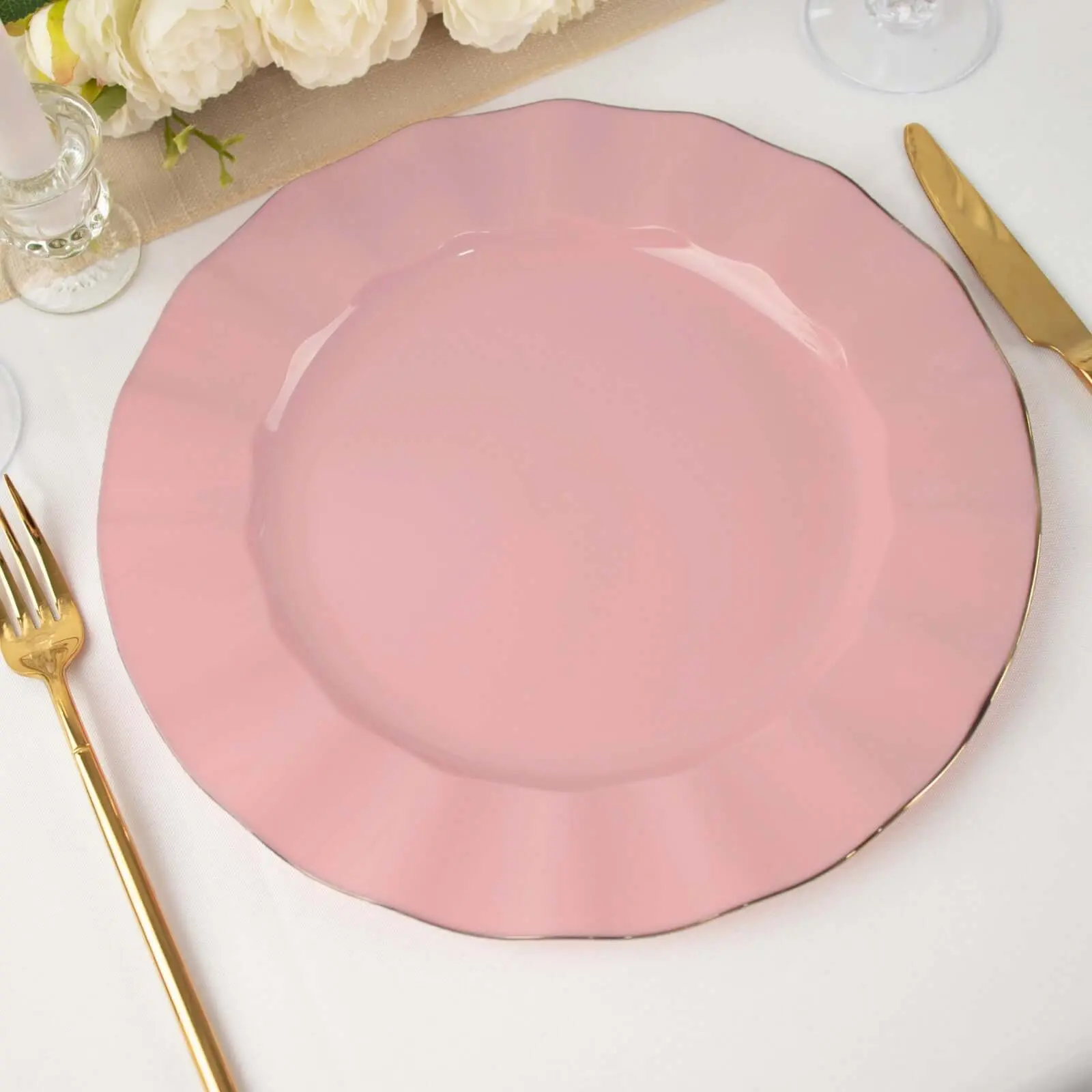 10-Pack Plastic Round Dinner Plates 11" Dusty Rose Ruffled Rim with Gold Edging - Heavy Duty Disposable Dinnerware