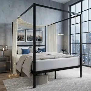 Full Queen Size 4-Post Black Metal Canopy Bed Frame Noise Free Platform Bed With Sturdy Metal Slats Support No Box Spring Needed Easy Assembly Large Underbed Storage Modern Bedroom Home Furniture