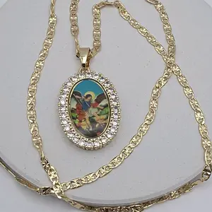 SAINT MICHAEL'S/ SAN MIGUEL ARCANGEL religious necklace heart with clear stonea gold-plated 18"inches 24"inches available