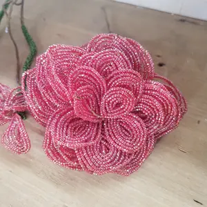 Vintage Red Beaded Glass Flowers Handmade Floral Stems Lot of 3
