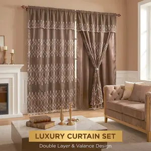 2-Panel Double Layer Geometric Diamond Embroidery with Waterfall Valance Doli Curtains , 52"x84" Rod Pocket, Decorative Textile Accessory for Living Rooms, Bedrooms, QF18 Summer Home Use Holiday Scene Sheer