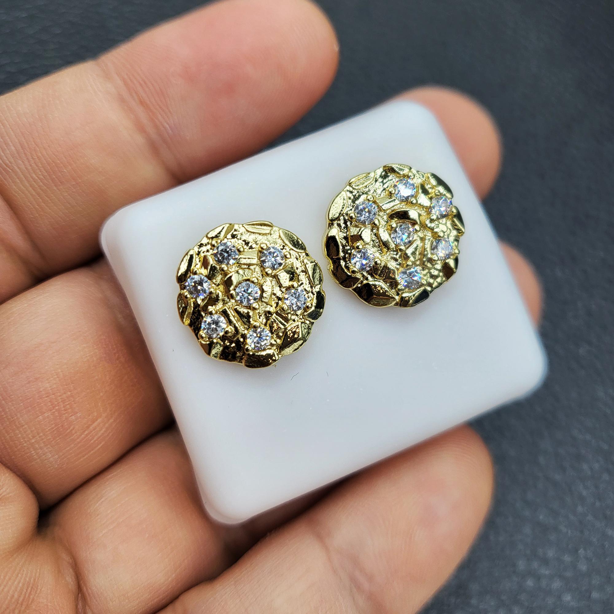 14K Gold Plated Brass Golden Nugget Cookie Stud Earrings with Cubic Zirconia Unisex 4 Sizes 12mm 14mm 16mm 20mm High Quality Polished 14K Gold Plated Brass Golden Nugget Cookie Stud Earrings with Cubic Zirconia Unisex 4 Sizes 12mm 14mm 16mm 20mm High Quality Polished