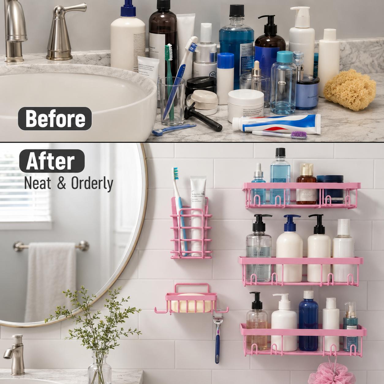 Black Shower Caddy 5 Pack, Adhesive Bathroom Organizer Shelves No Drilling, Rustproof Shower Storage Rack with Hooks, Toothbrush Holder & Soap Dish, Renter Friendly Apartment Essentials for Small Bathroom, Dorm, RV, Kitchen