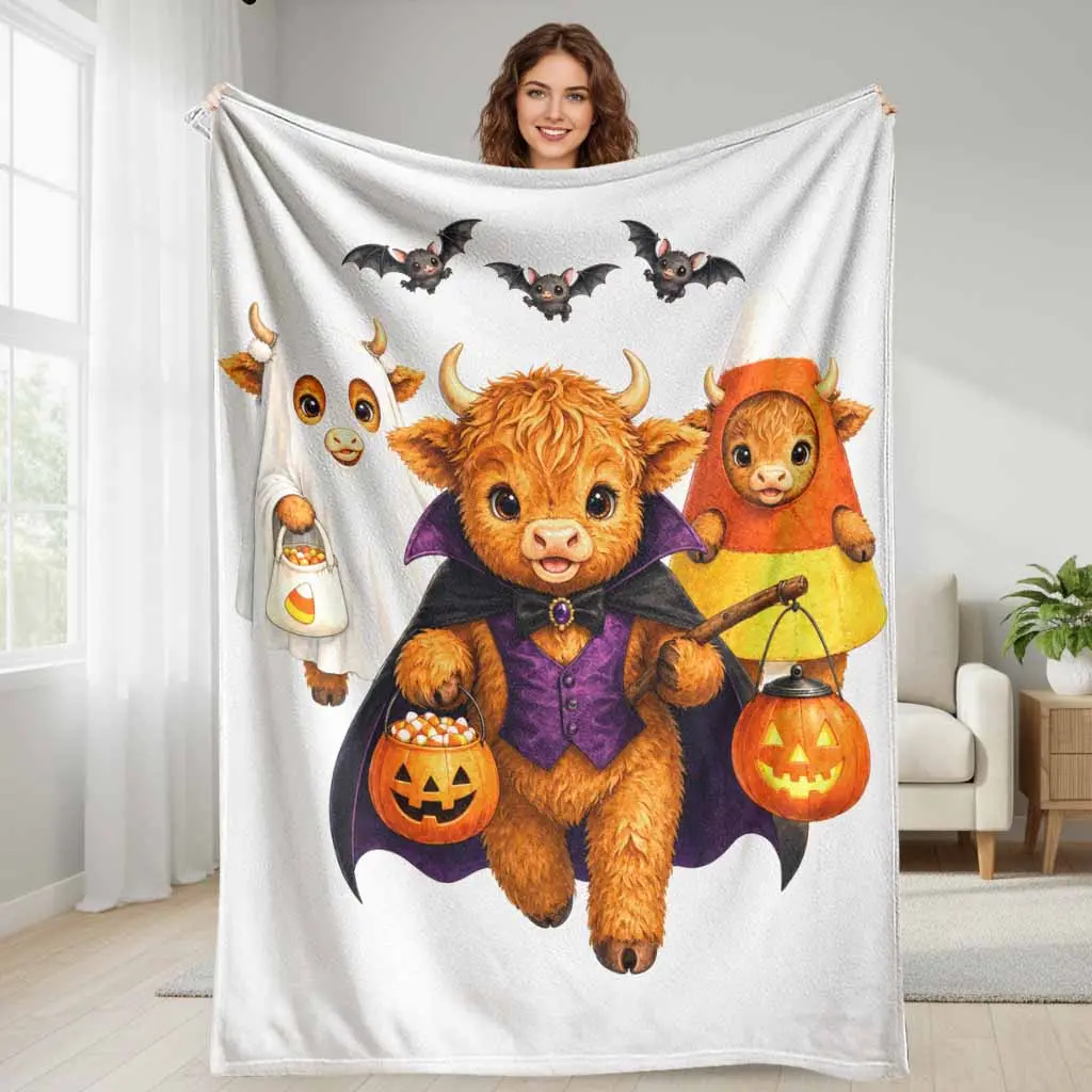 Highland Cow Halloween Flannel Blanket Cute Festive Printed Pattern Soft Cozy Lightweight Warm Plush Throw For Bedroom Living Room Couch Sofa Office Nap Camping Travel Gift