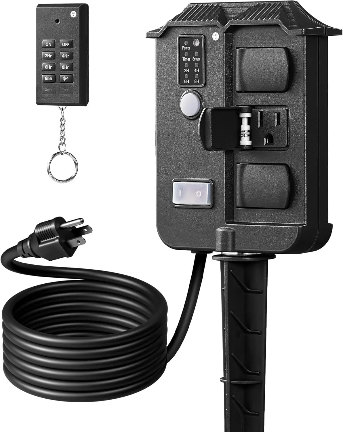Outdoor Power Stake Timer , 100FT  Remote Control, 6 Grounded Outlets, 6FT Extension Cord, Photocell Dusk to  Timer for Halloween/Christmas Lights, Garden, UL Listed