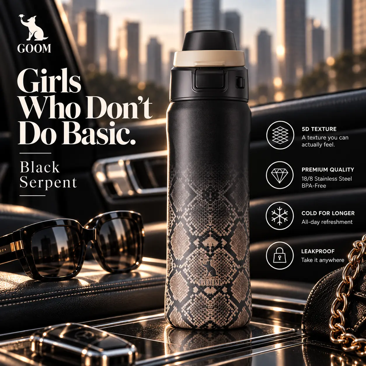 GOOM 5D Biomimetic Serpent Texture Medusa Collection 24oz Insulated Tumbler, Dual-Access Locking Lid, Leakproof Stainless Steel Water Bottle with Straw & Sip Modes, Carry Loop, Cup Holder Friendly – Black, White Serpent