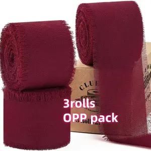 3 Rolls Chiffon Frayed Ribbon, 5.5 Yards (500 Cm), Wine Gift Wrapping Ribbon for Gifts, Weddings, Christmas Trees, Crafts, Party Decorations