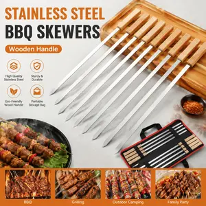 8-Piece Stainless Steel BBQ Skewers with Wooden Handles, Flat Grill Skewers for Lamb and Meat, Outdoor Camping Cooking Tools