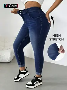 【Plus Size】 Solid High Waist Skinny Jeans, Casual Streetwear Fashion Denim Pants for Daily Outdoor Wear, Women Plus Clothing for All Seasons, Womenswear