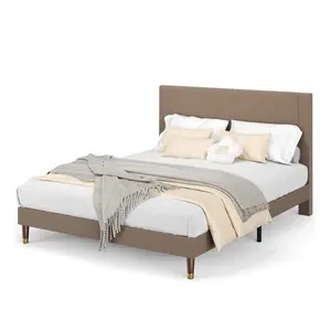 Garvee Queen Size Upholstered Platform Bed Frame with Modern Fabric Headboard, Sturdy Metal Frame, Wooden Slats for Double Support, Non-Slip, Noise-Free, No Box Spring Needed, Easy Assembly, Brown