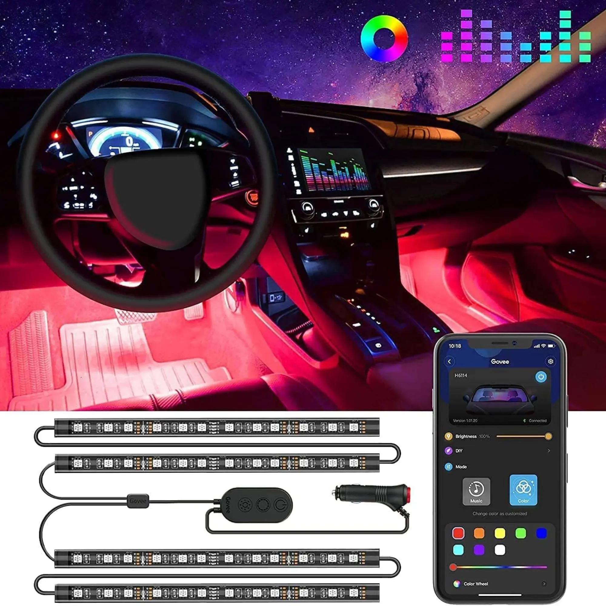 Govee RGB Smart Car Interior LED Lights, App-Controlled DIY & Music Modes, 2-Line Design with 12V Car Charger