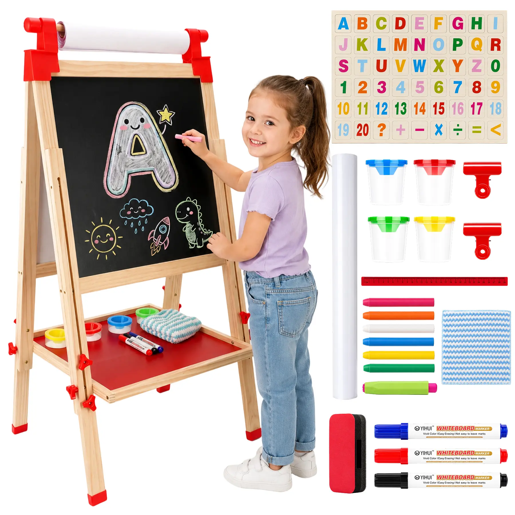 Wooden Kids Art Easel - Adjustable Height, Double-Sided Magnetic Whiteboard & Chalkboard, Paper Roll Holder, Full Accessory Kit, Foldable Toddler Drawing Board for Home Playroom (Ages 6+)