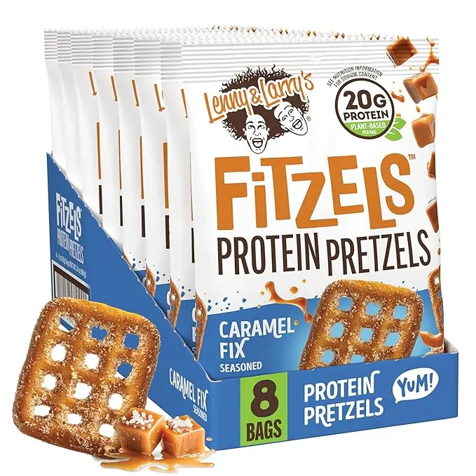 Lenny & Larry's FITZELS Protein Pretzels [Caramel Fix] – 8 x 3oz Bags of High Protein Snacks with 20g Plant Based Protein – Vegan Snack – Incredibly Tasty with Salty Crunch