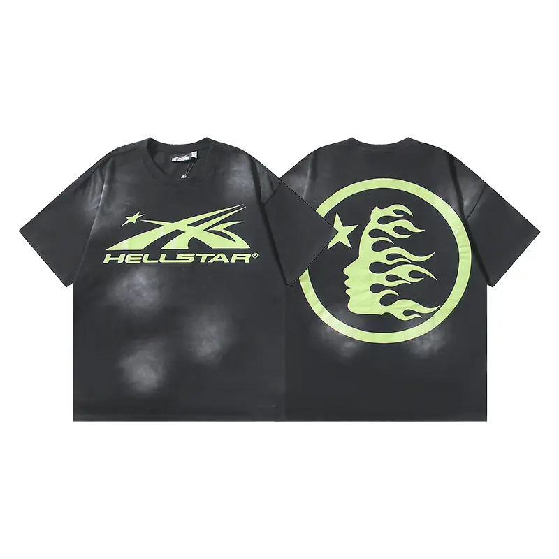 HELLSTAR Certified Professional Y2K Premium Quality Neon Green Flaming Face Washed Short Sleeve T-Shirt Casual Tops Mens Standard Fit