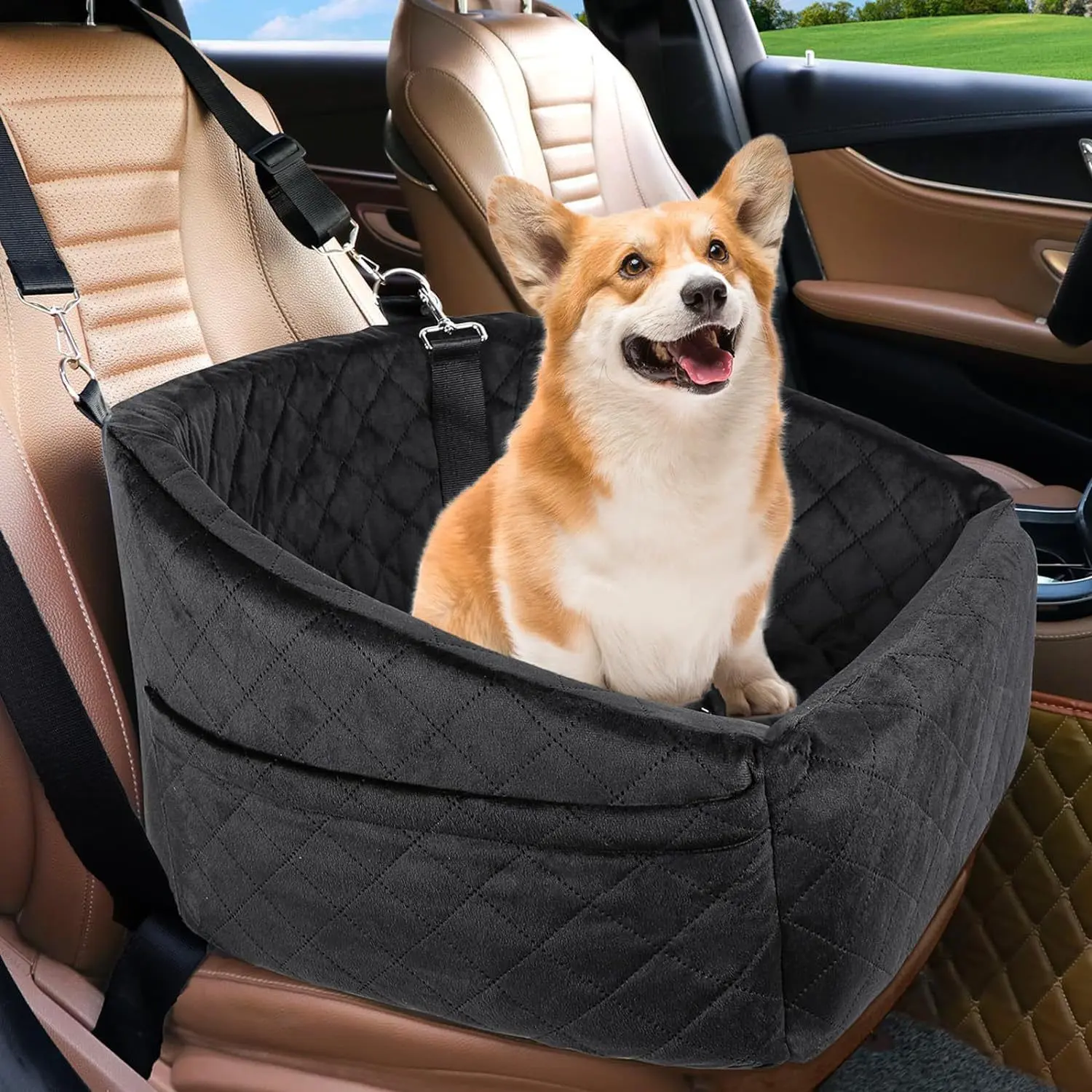 Car Pet Seat, Travel Dog Booster, Durable Pet Safe Seat, Easy to Clean, Safe and Comfortable, Suitable as a Car Co-Driver，Waterproof car seat for small dog and pet seats, with storage bag, clip-on belt