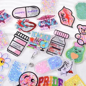 Mix 20pcs Shaker Badge Reel Supplies, Acrylic Resin Flat Back, Glitter Resin Planar Cabochon DIY Badge Reel Keychain Charms summerwins