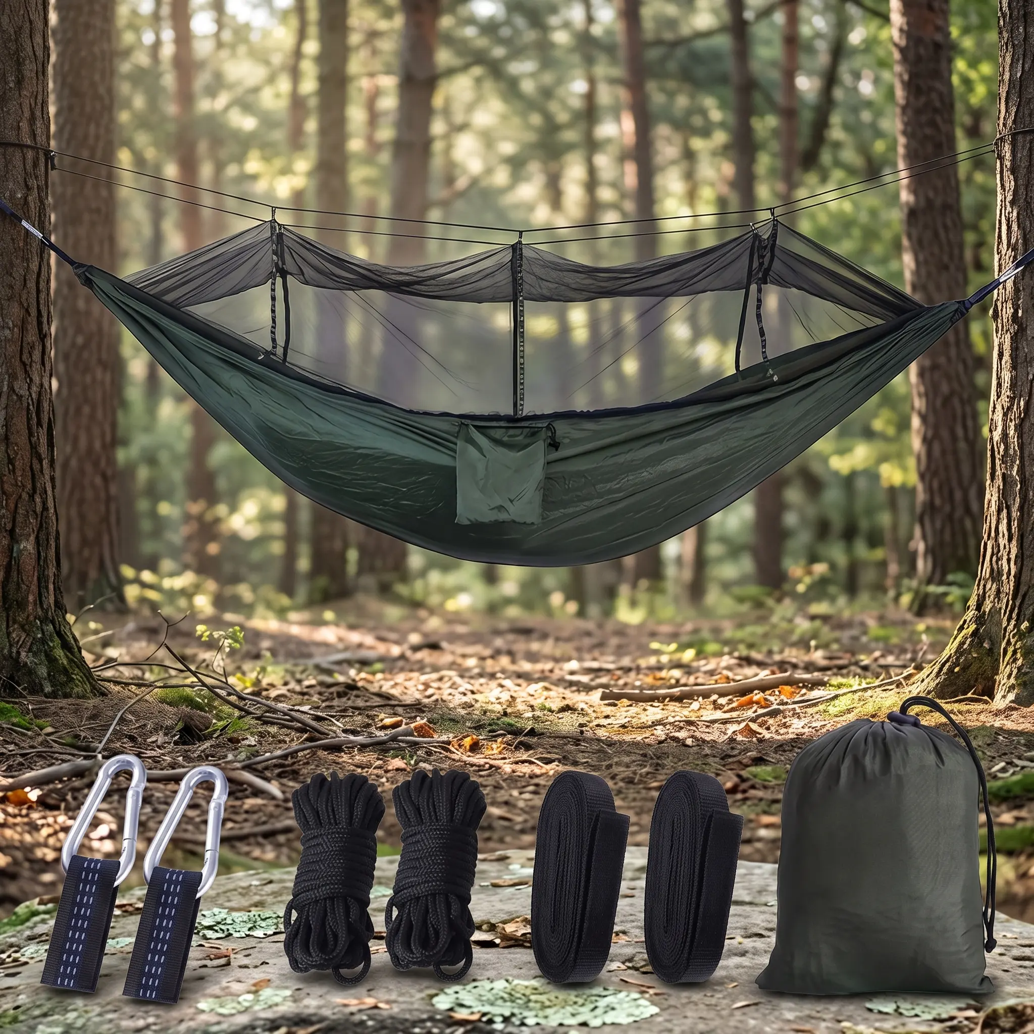 Ultra Light Single Camping Hammock with Mosquito Net, Anti-Tip Portable Nylon Outdoor Hammock