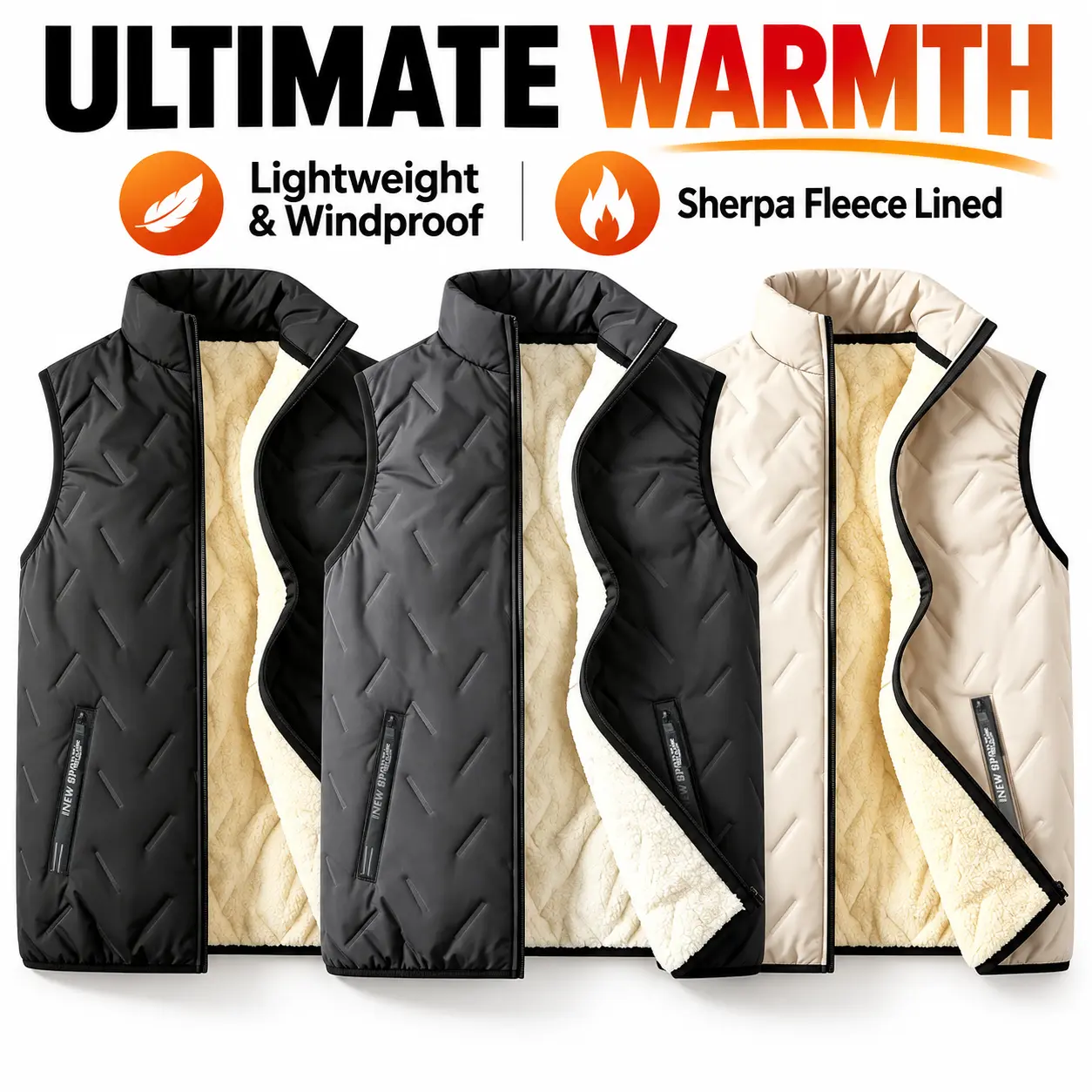 Men's Casual Menswear Regular Cut Winter Fleece-Lined Thick Lamb Wool Waistcoat, Warm Stand-Up Collar, Ultrasonic-Stitch Tops Gilet Vest Black