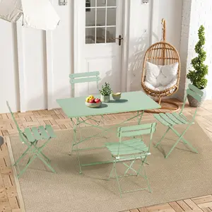 5-Piece Foldable Outdoor Bistro Set, Patio Dining Set with Rectangular Table and 4 Chairs, Weather-Resistant Iron Patio Dining Set for Garden, Yard, Balcony, Indoor/Outdoor Use, Green/Yellow/White